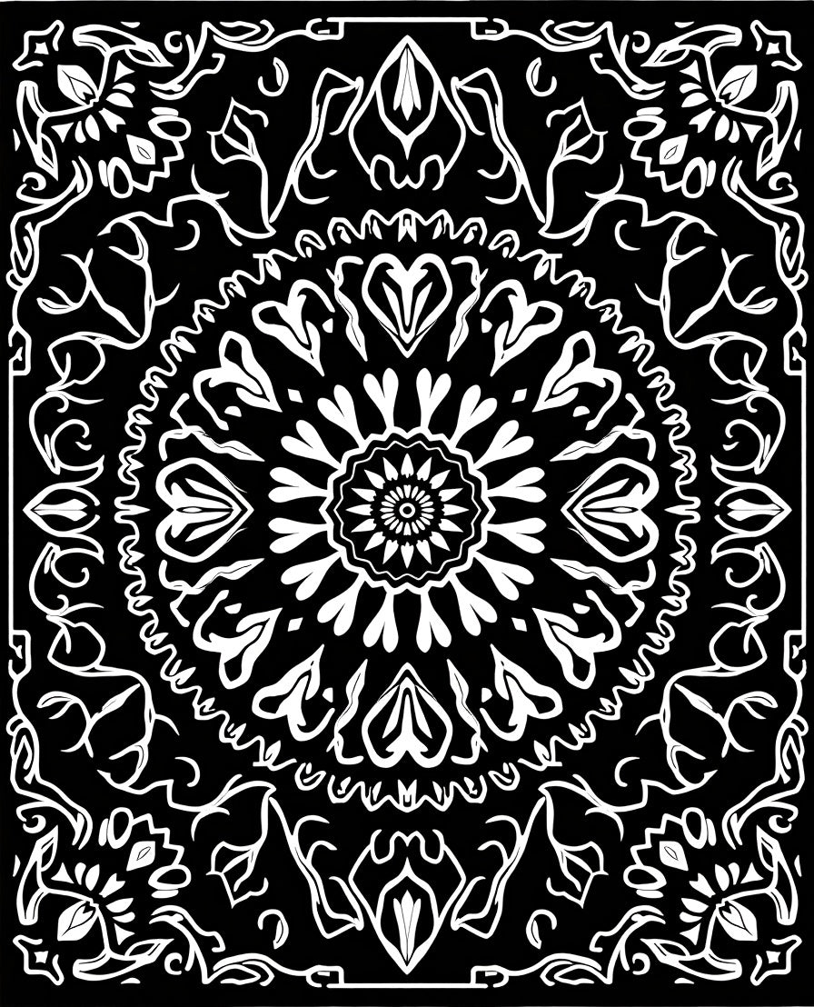 Black White Floral Mandala Symmetry Rug