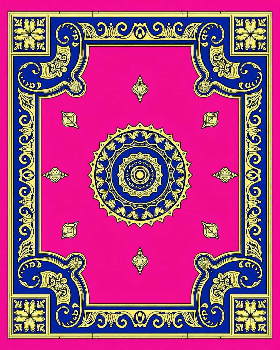Bold Blue Floral Medallion Fuchsia Rug