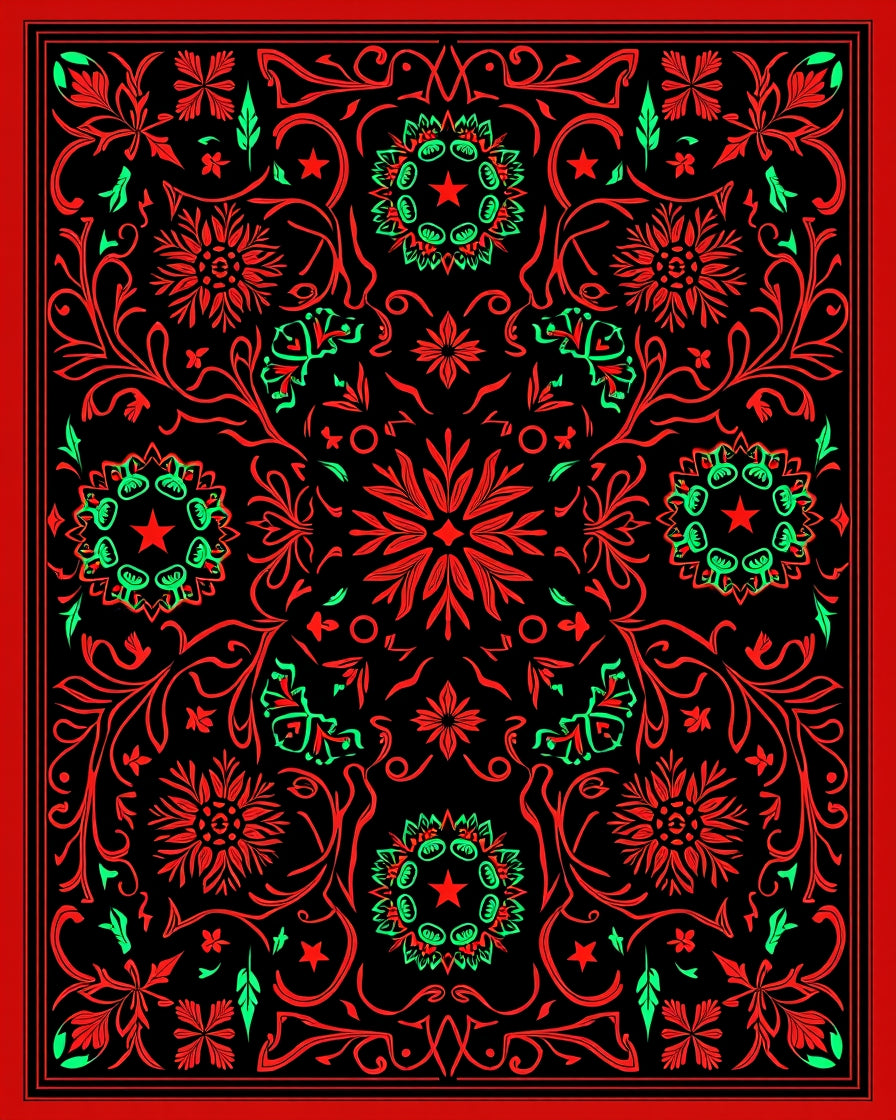 Vibrant Red Green Floral Medallion Mandala Rug