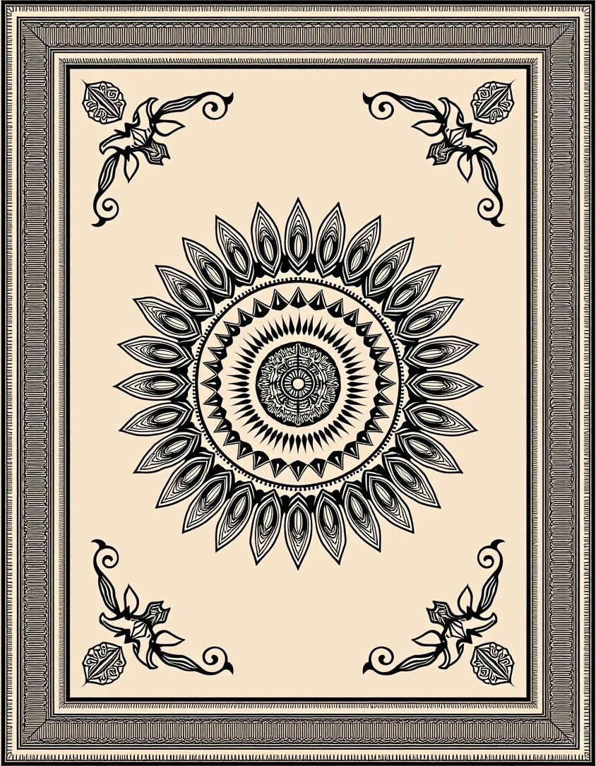 Black Cream Mandala Ornamental Frame Rug