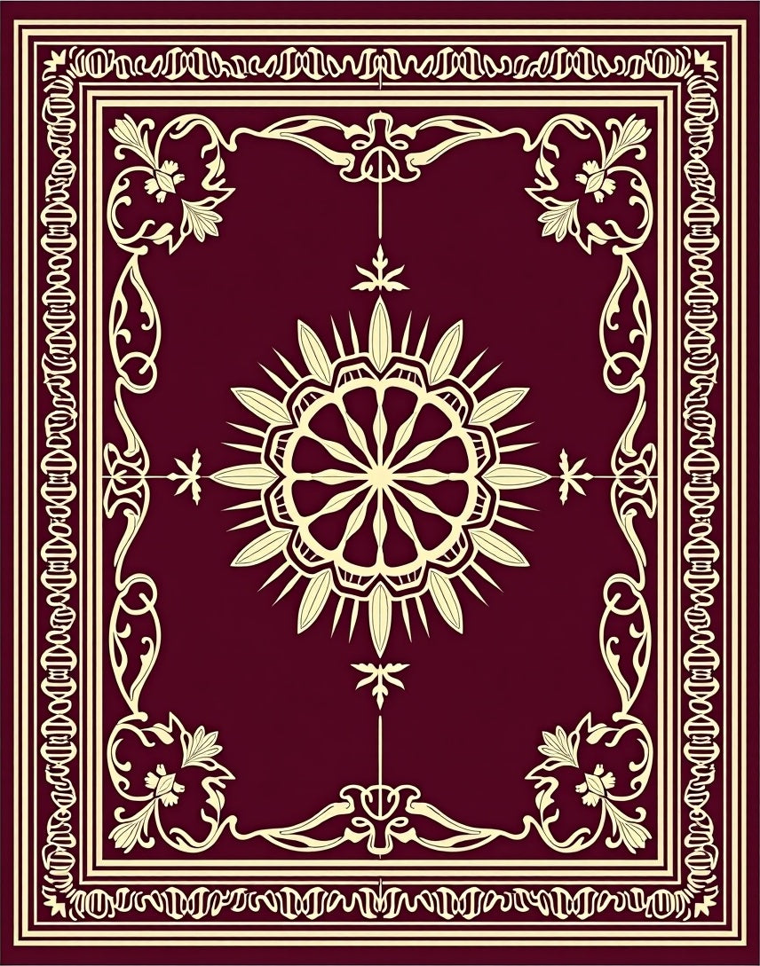 Burgundy Golden Floral Sunburst Medallion Rug