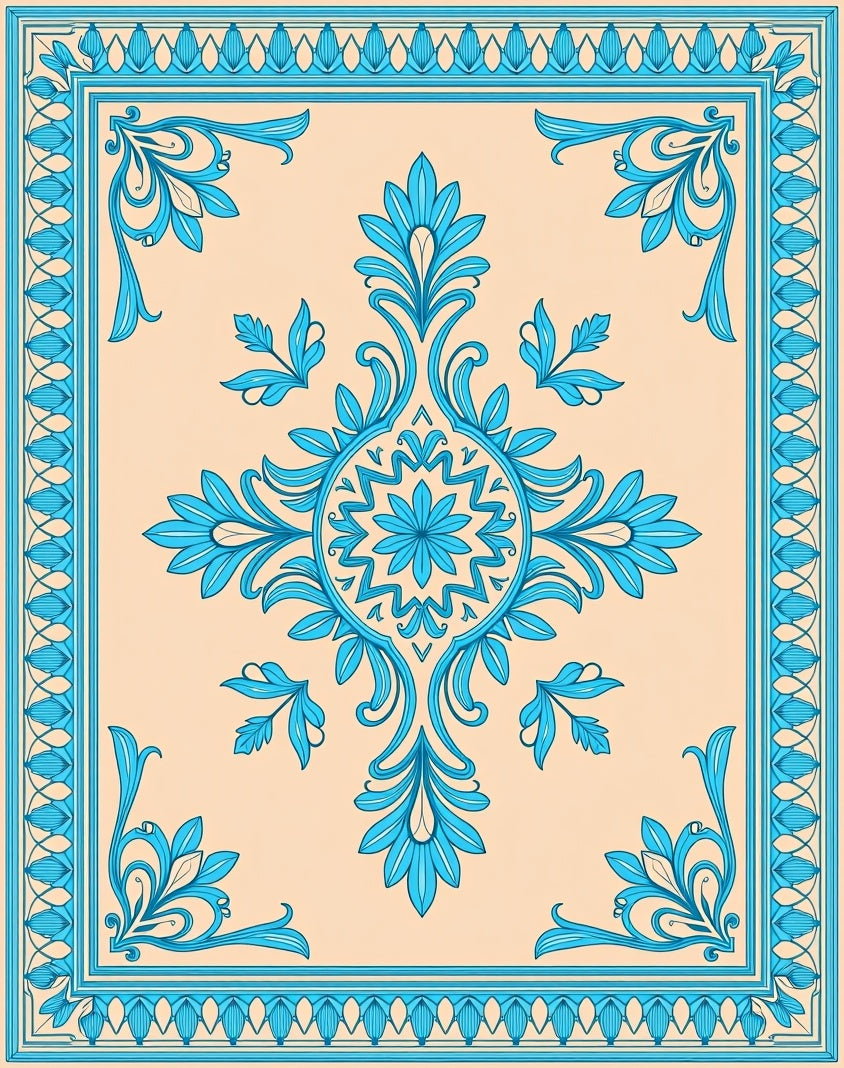 Aqua Floral Medallion Beige Border Rug