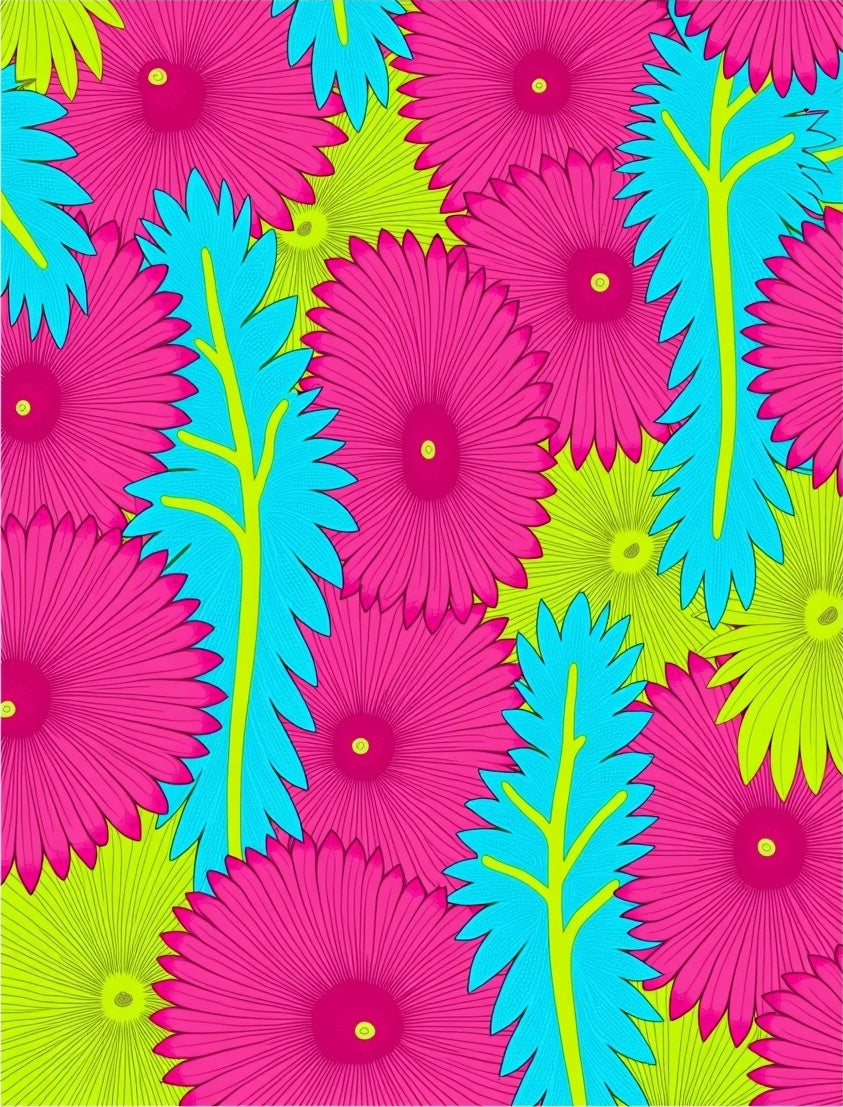 Vibrant Pink Cyan Green Floral Composition Rug