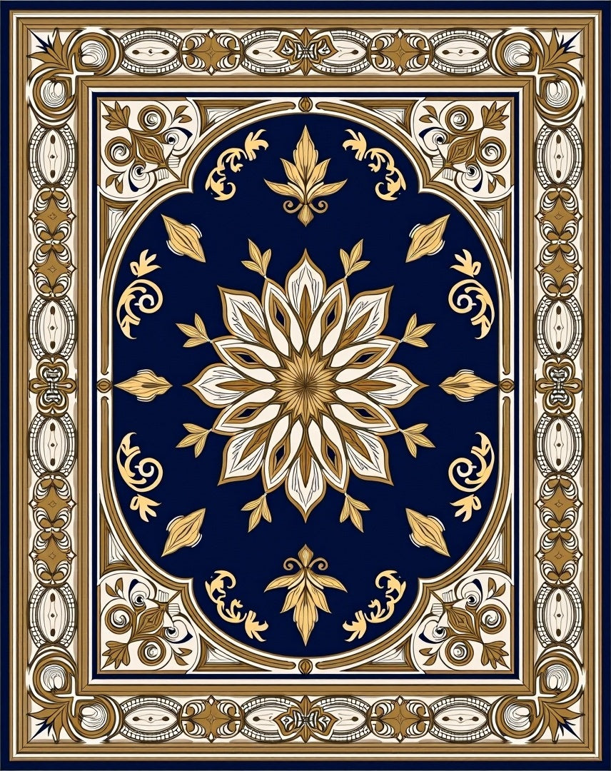 Navy Gold Floral Medallion Frame Rug