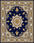 Navy Gold Floral Medallion Frame Rug