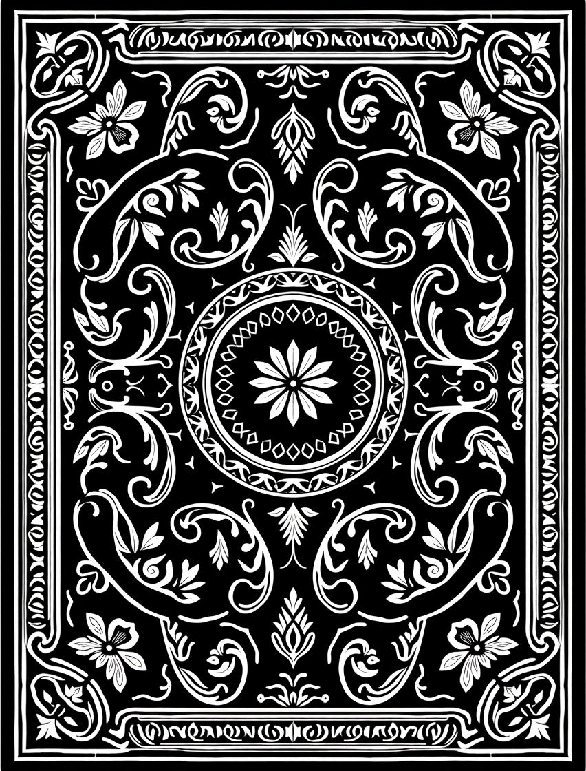 Black and White Floral Scroll Work Rug