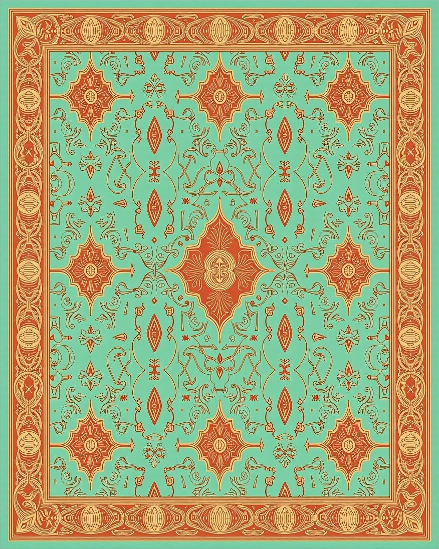 Teal Orange Ornate Medallion Border Rug