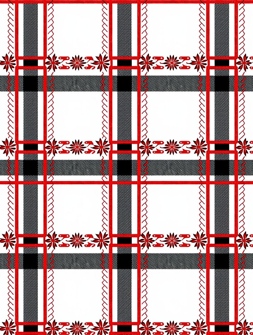 Red Black White Plaid Floral Stripe Rug