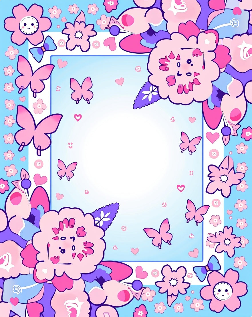 Whimsical Pink Floral Butterfly Border Rug