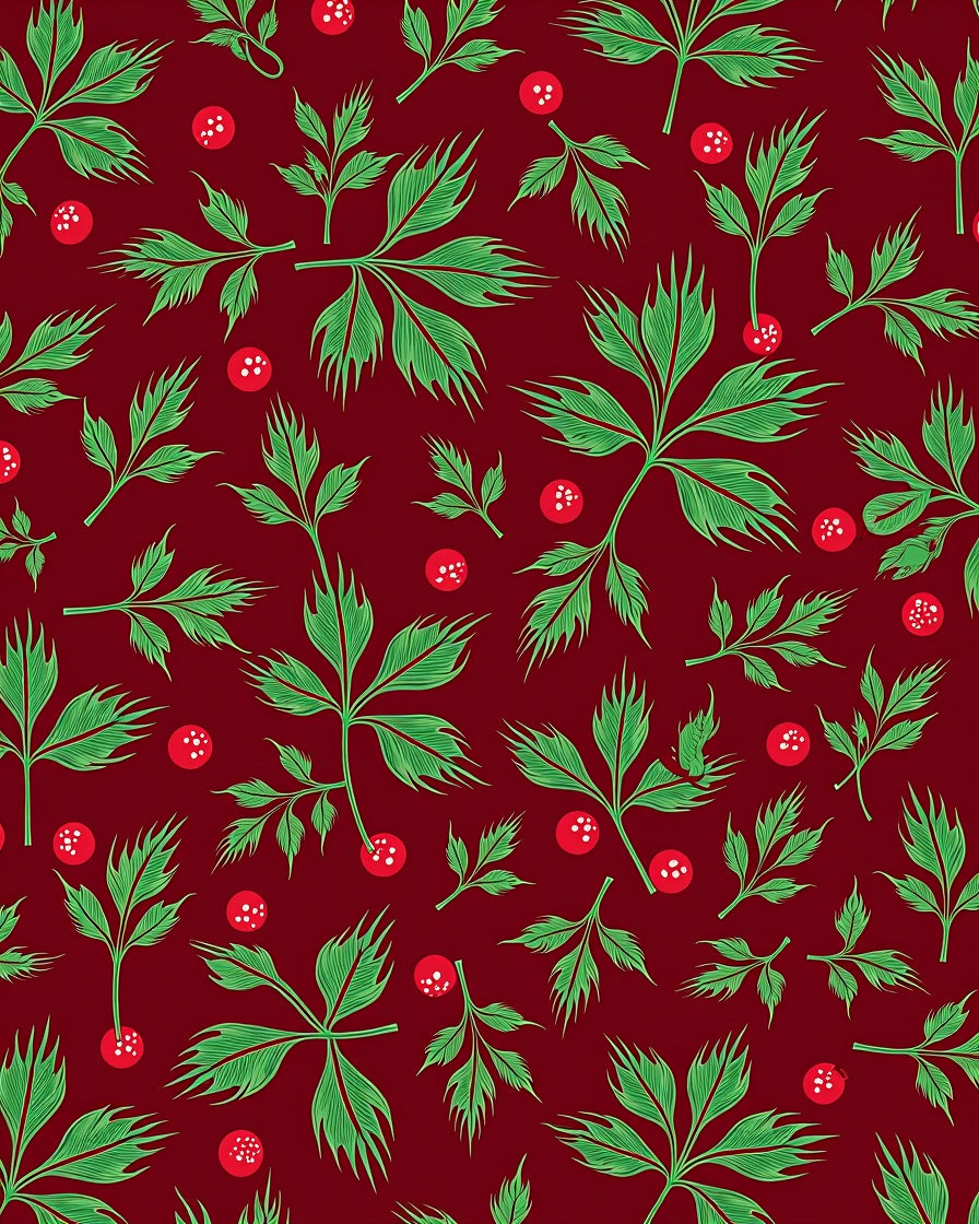 Deep Red Green Leaf Berry Garland Rug