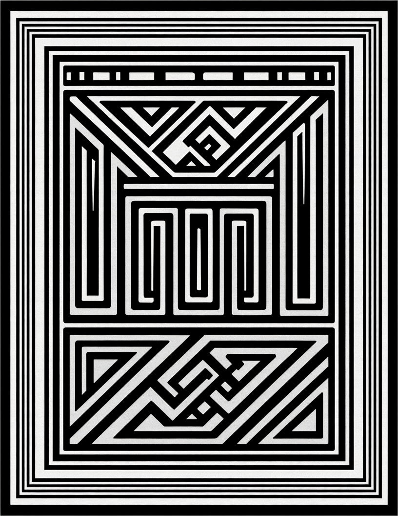 Monochrome Angular Labyrinth Floor Art Rug