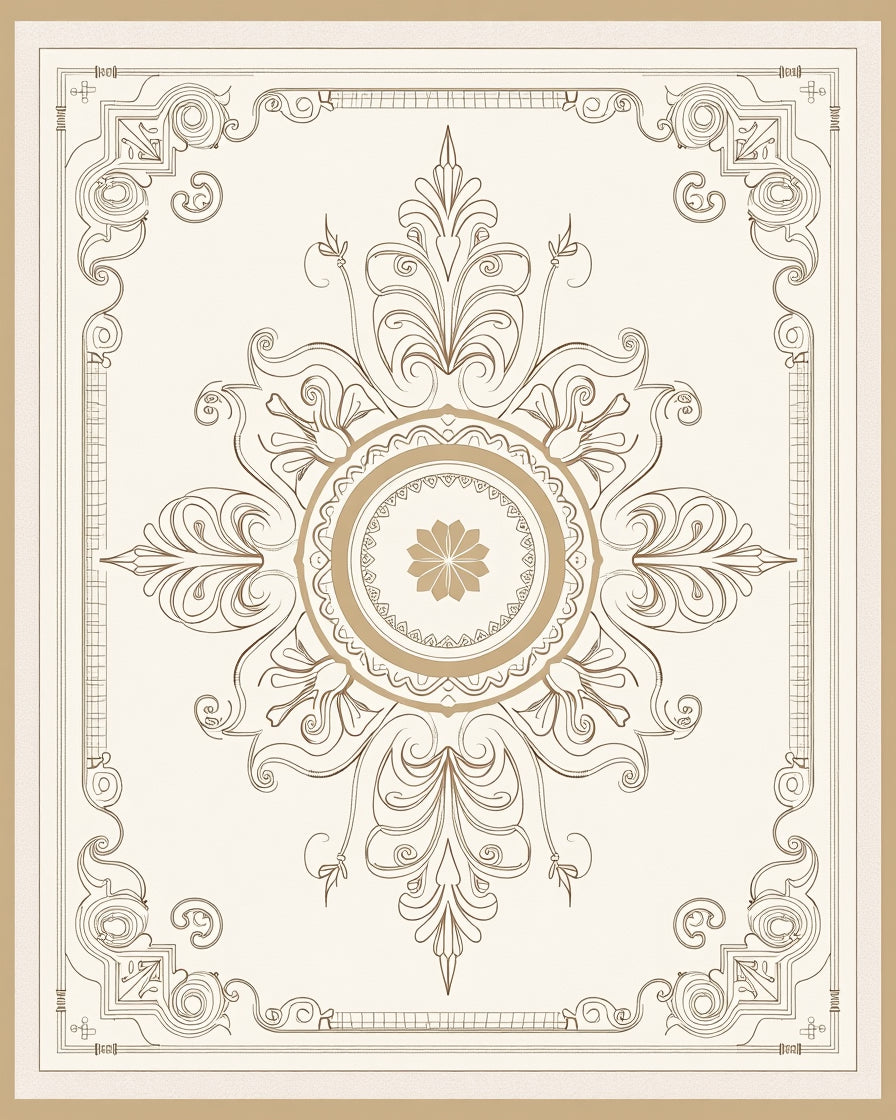 Elegant Gold Floral Mandala Frame Rug