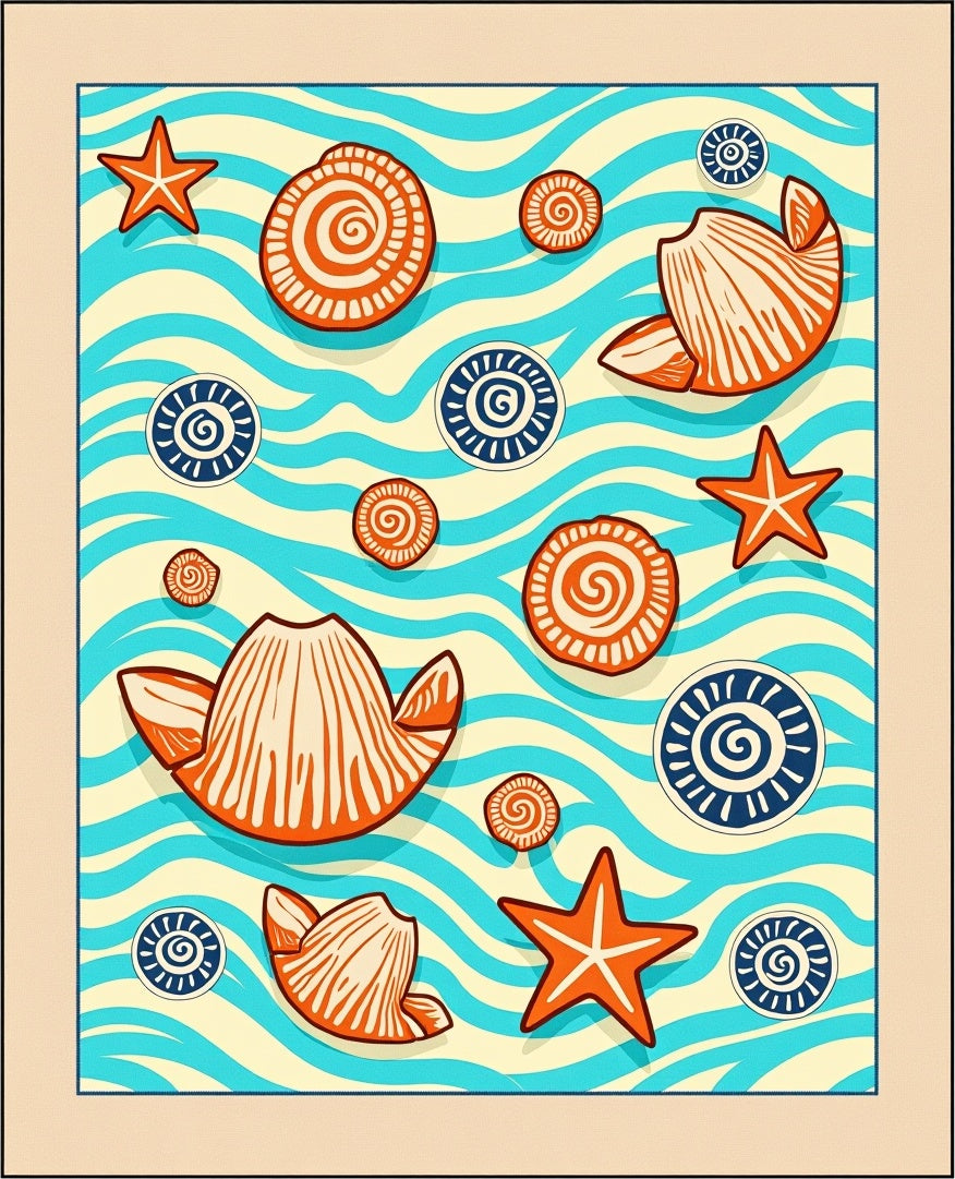 Orange Seashells on Blue Wave Backdrop Rug