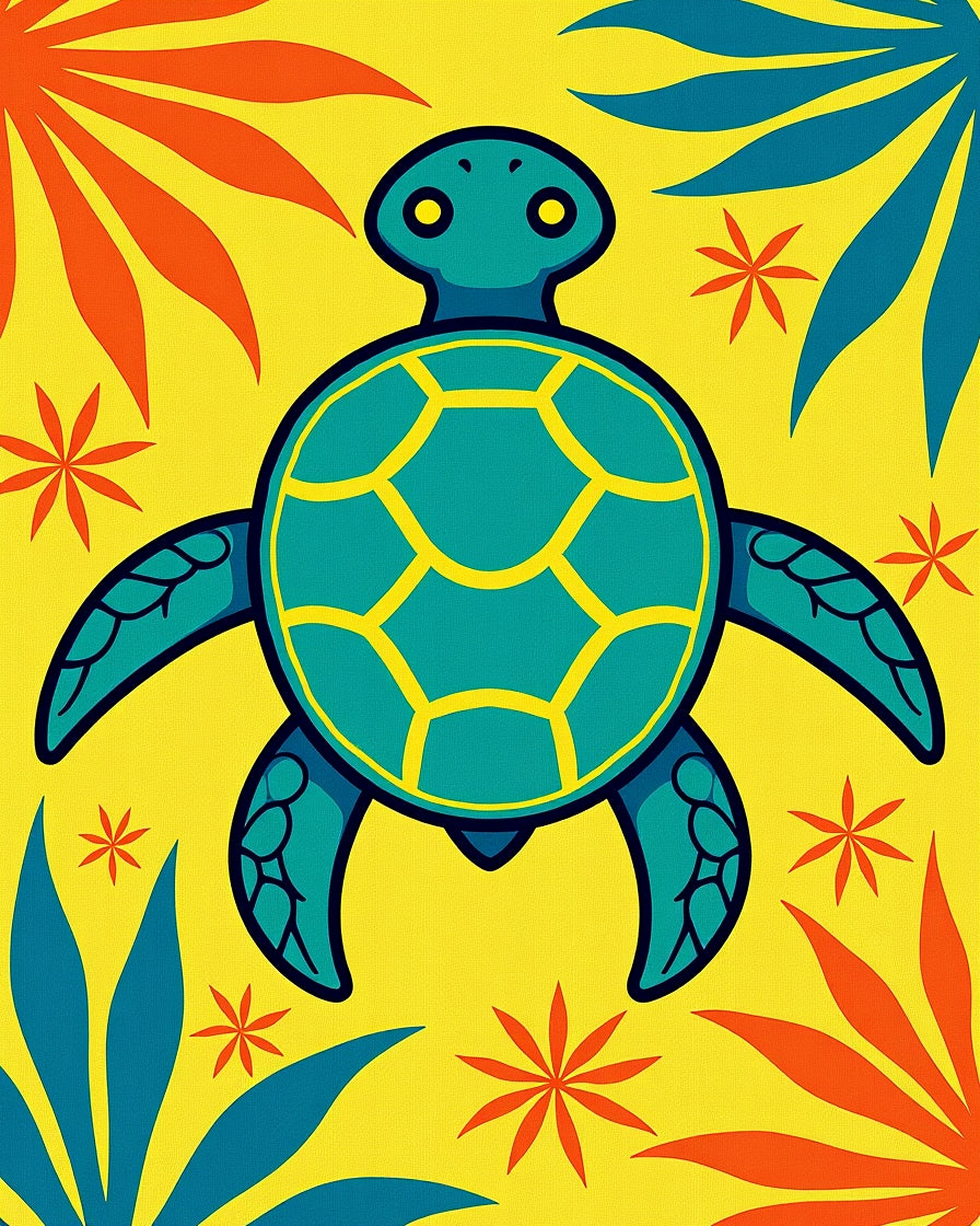 Tropical Teal Turtle Yellow Floral Accent Rug