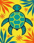 Tropical Teal Turtle Yellow Floral Accent Rug