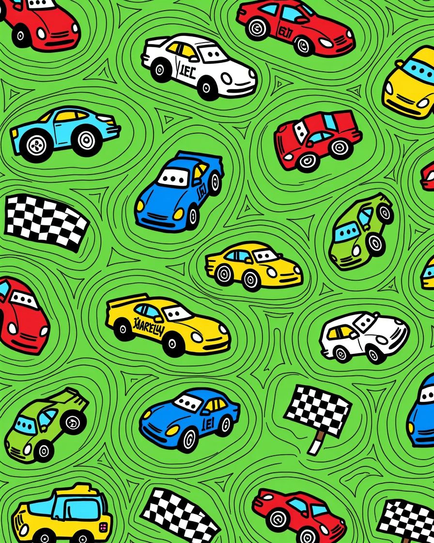 Whimsical Racing Cars Green Swirls Rug