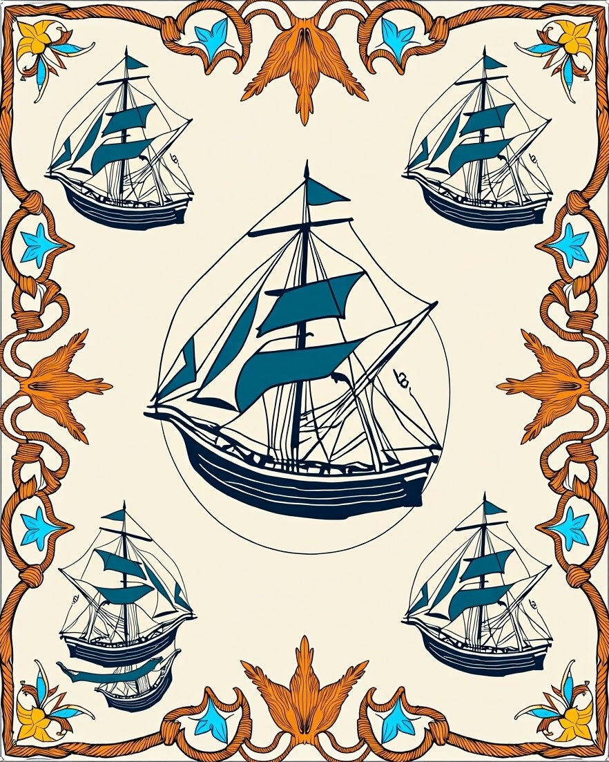 Nautical Sailing Ships Teal Orange Border Rug