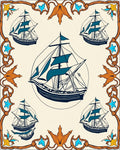 Nautical Sailing Ships Teal Orange Border Rug
