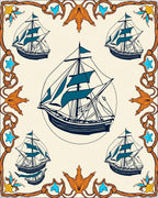 Nautical Sailing Ships Teal Orange Border Rug
