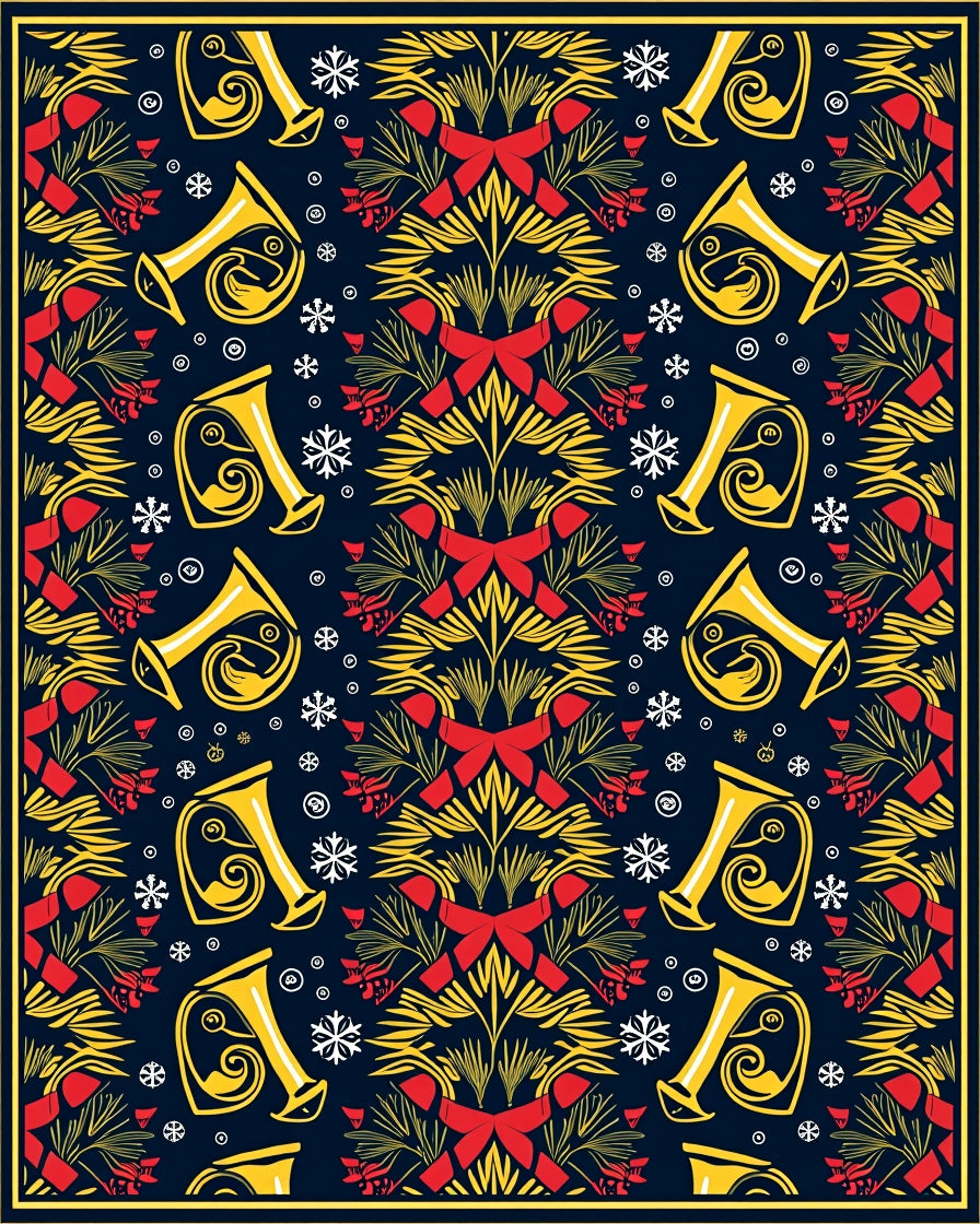 Festive Gold Trumpet Red Bow Snowflakes Rug
