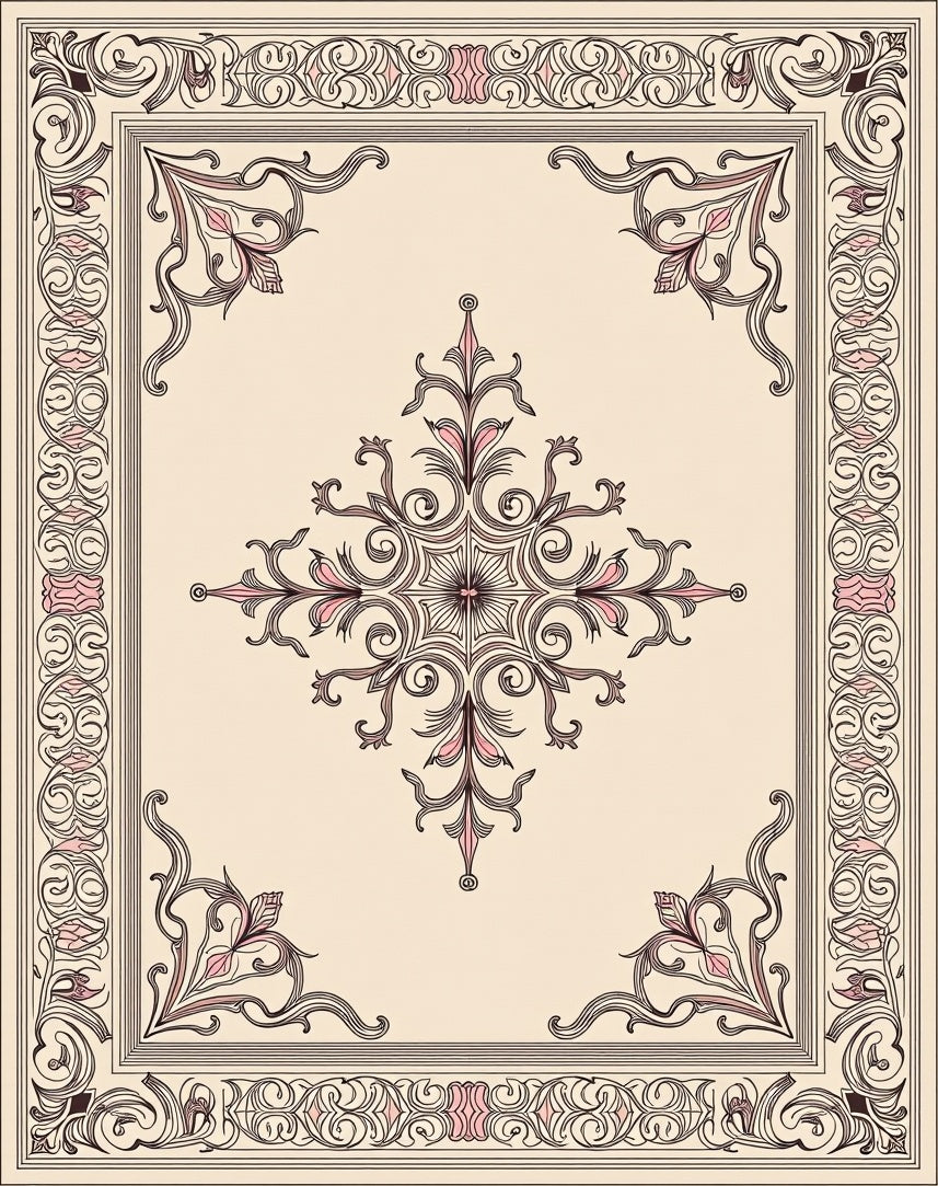 Elegant Cream Pink Floral Scroll Rug