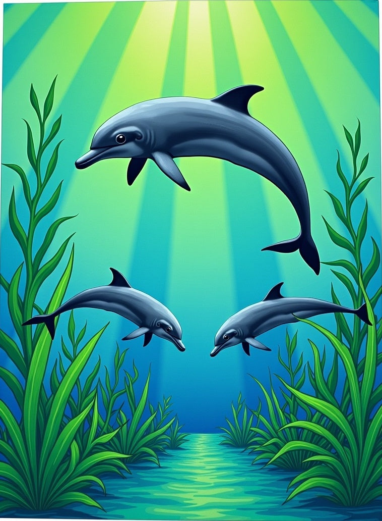 Three Dolphins Under Sunlit Ocean Waves Rug