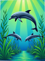 Three Dolphins Under Sunlit Ocean Waves Rug