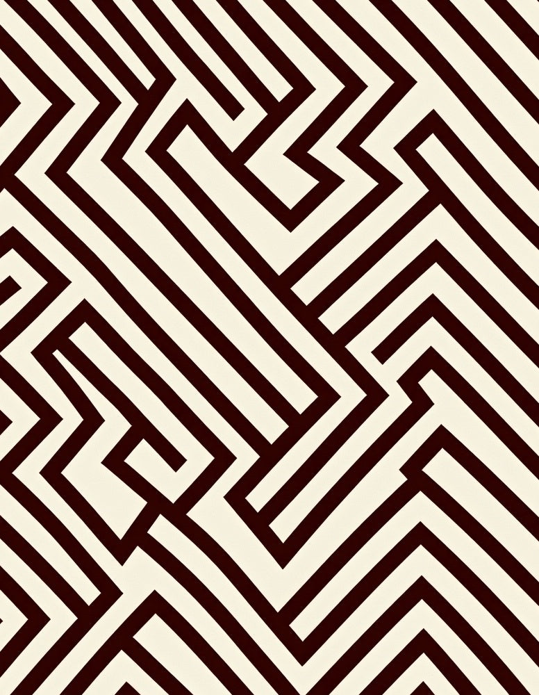 Cream and Dark Red Geometric Maze Rug