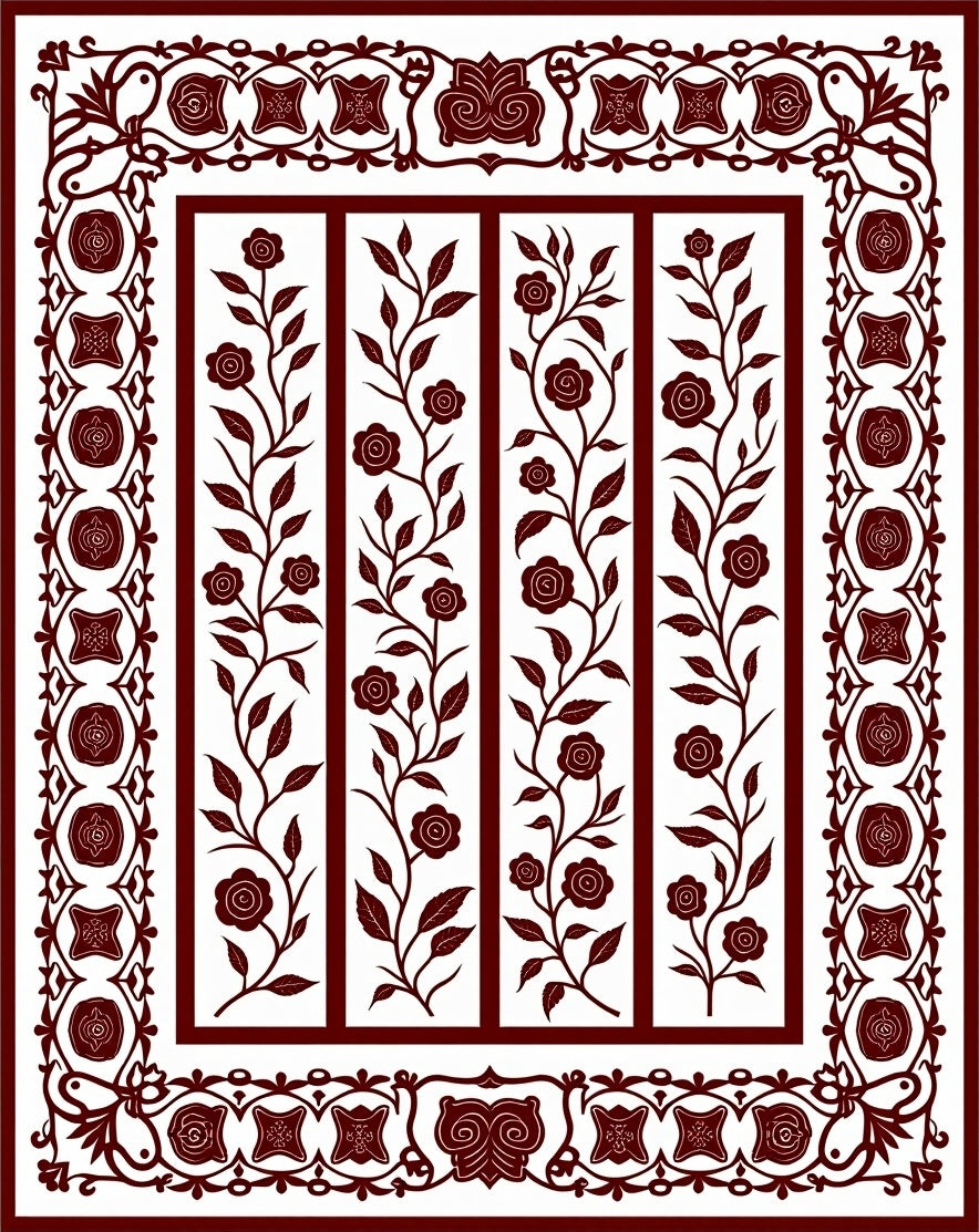 Ornate Burgundy Floral Vine Panels Rug