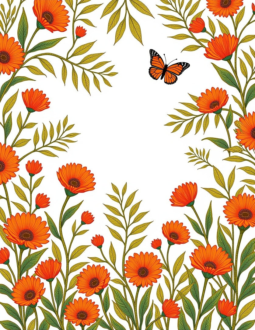 Orange Daisy Butterfly Garden Scene Rug