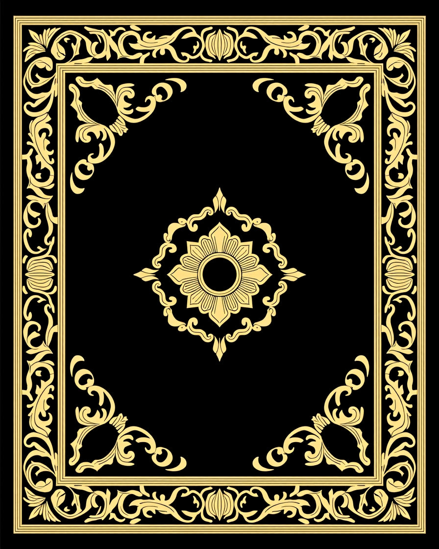 Golden Floral Medallion Black Background Rug