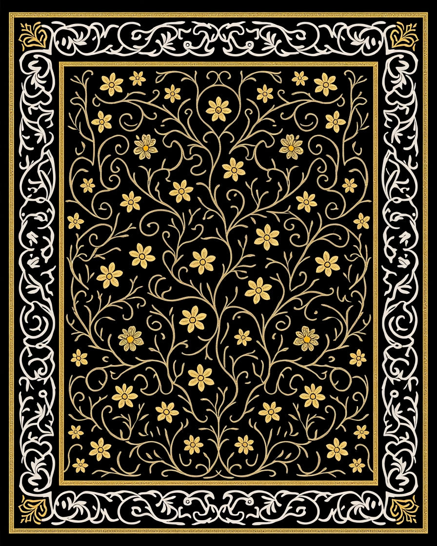 Elaborate Black Golden Floral Vine Rug