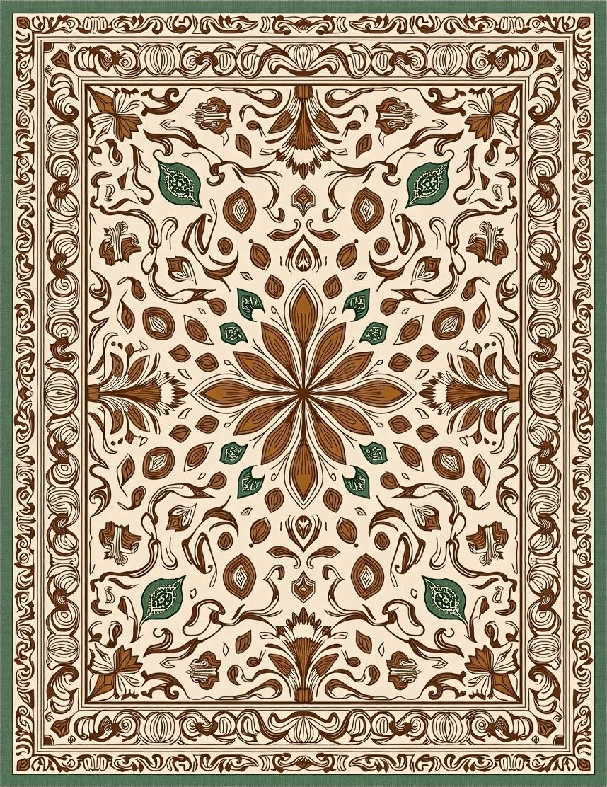 Cream Brown Floral Scroll Border Rug
