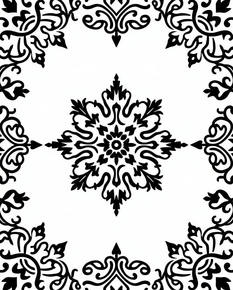 Black and White Scrollwork Medallion Rug