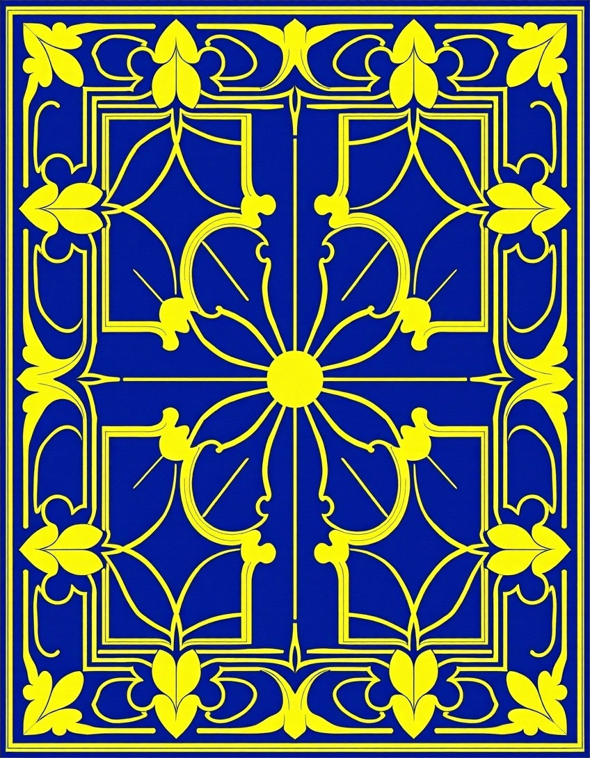 Royal Blue Yellow Floral Crest Rug