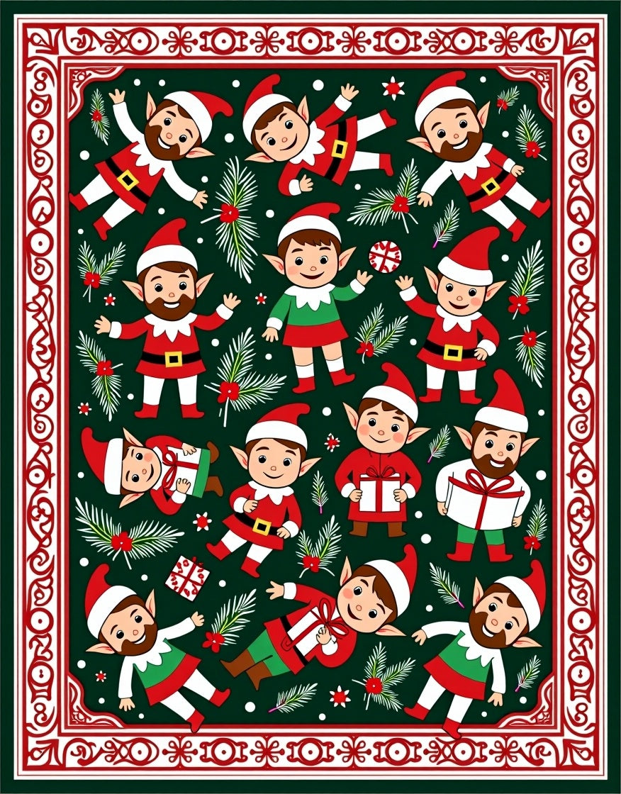 Festive Elves with Holly Border Garland Rug