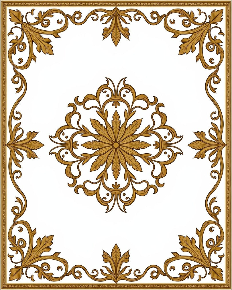 Golden Floral Medallion Scrollwork Frame Rug