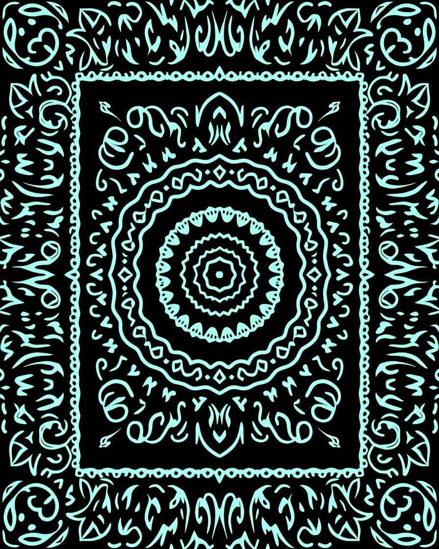 Black Aqua Floral Medallion Border Rug