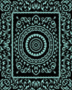 Black Aqua Floral Medallion Border Rug