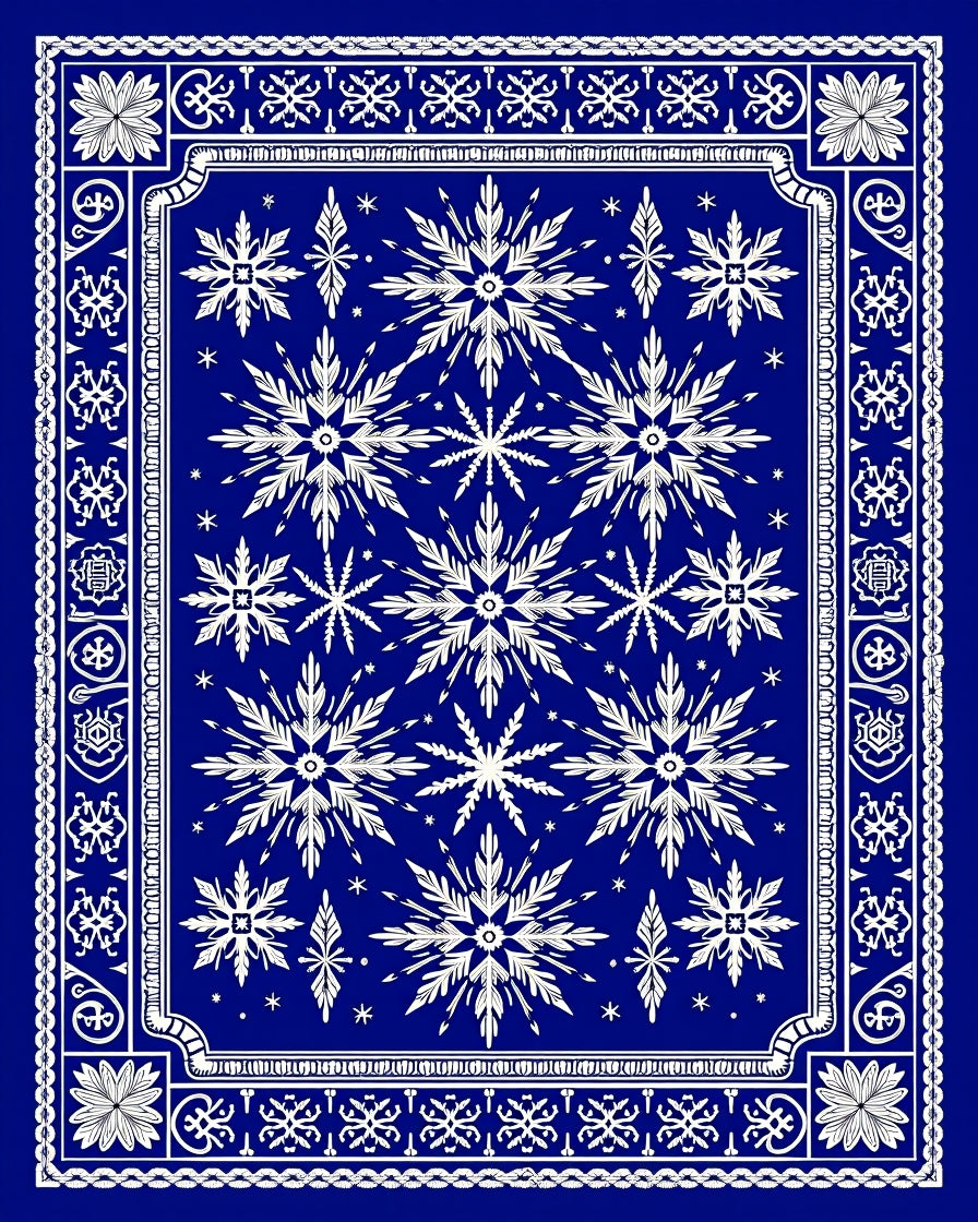 Deep Blue Snowflake Medallion Border Rug