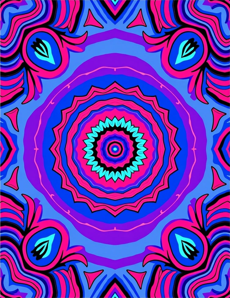 Vibrant Blue Pink Symmetrical Mandala Rug