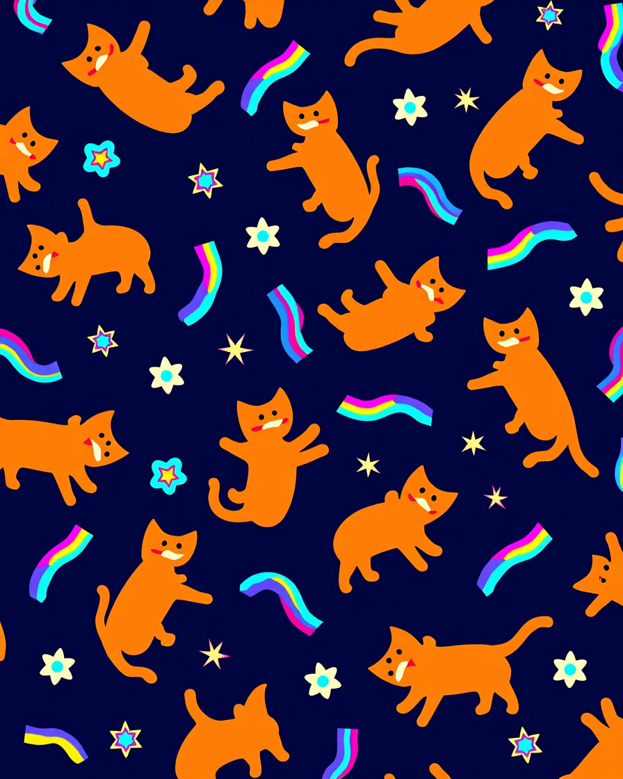Whimsical Orange Cats Rainbow Stars Rug