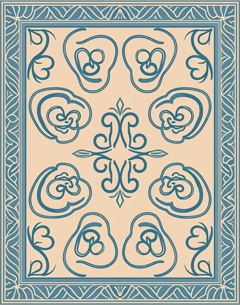 Teal Floral Medallion Cream Border Rug