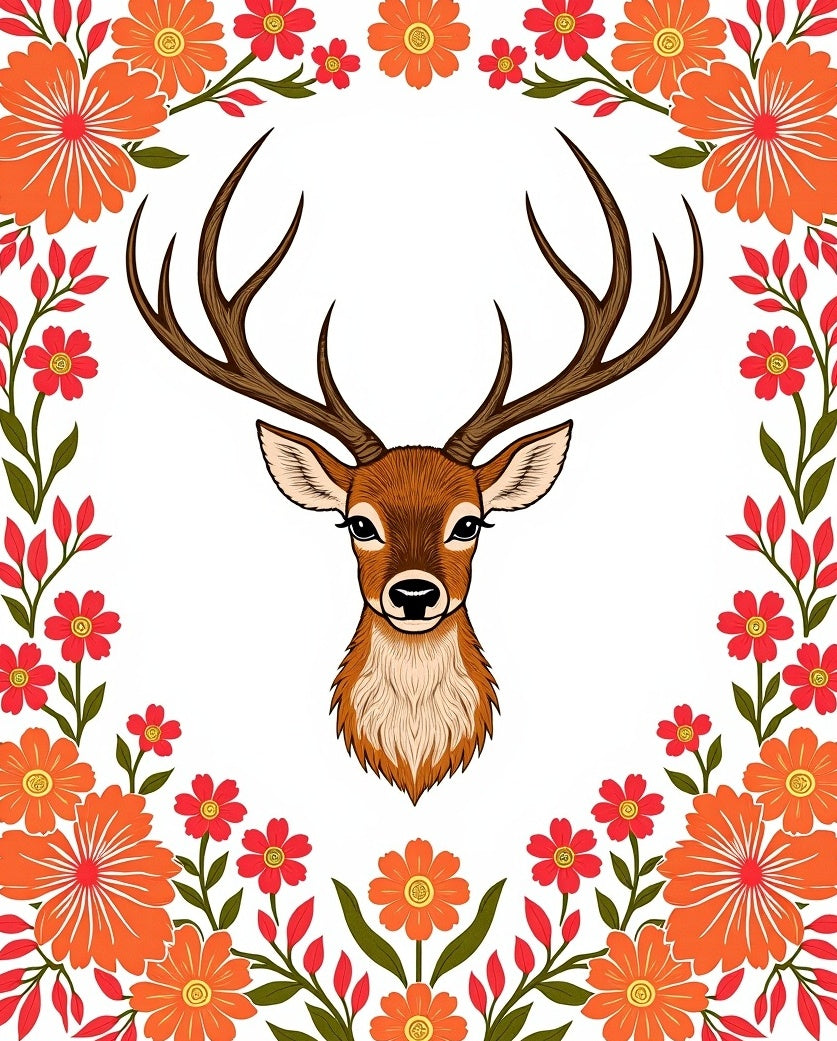 Vibrant Deer Floral Border Rug