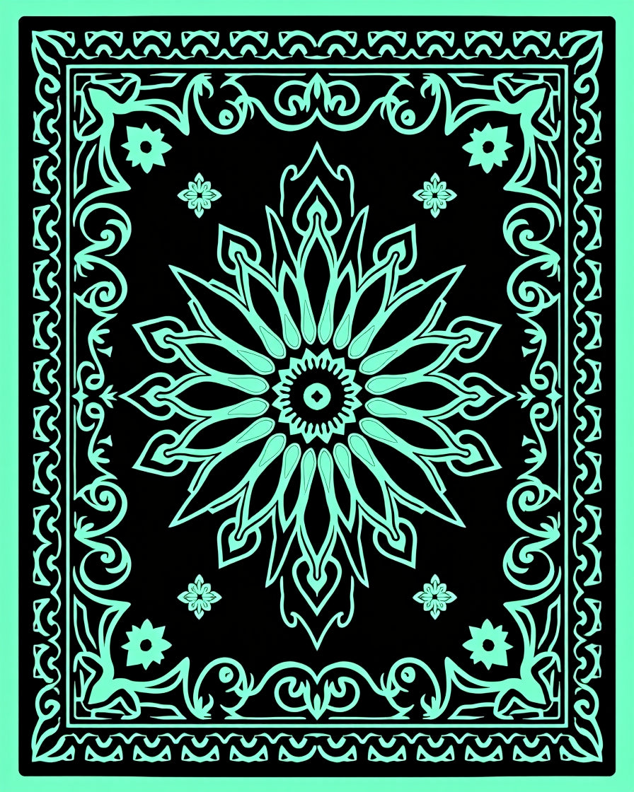 Black Mint Floral Mandala Border Rug