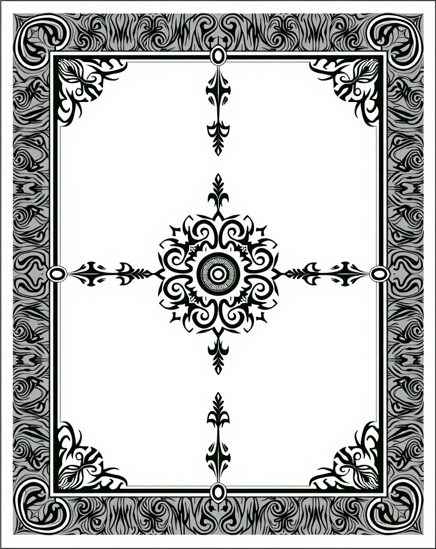 Black White Tribal Medallion Border Rug