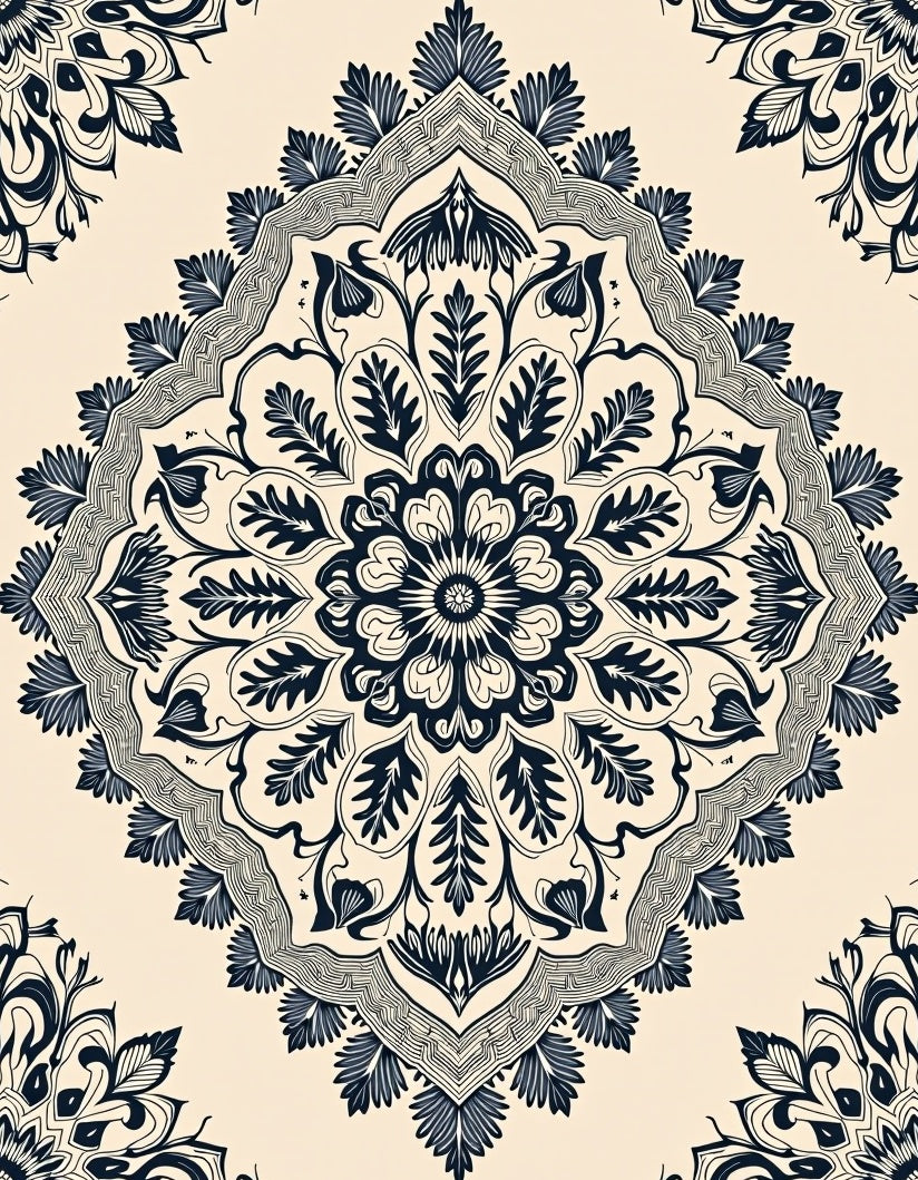 Creamy Navy Floral Mandala Rug