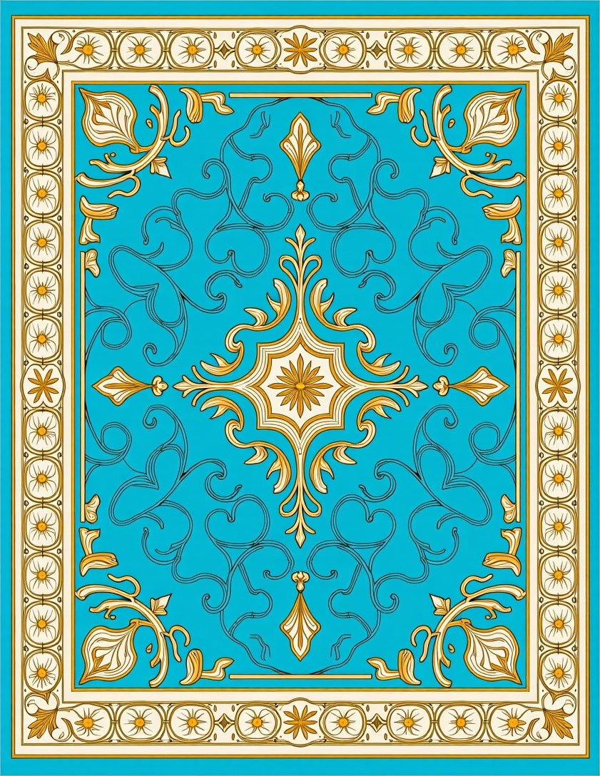 Turquoise Gold Floral Medallion Border Rug