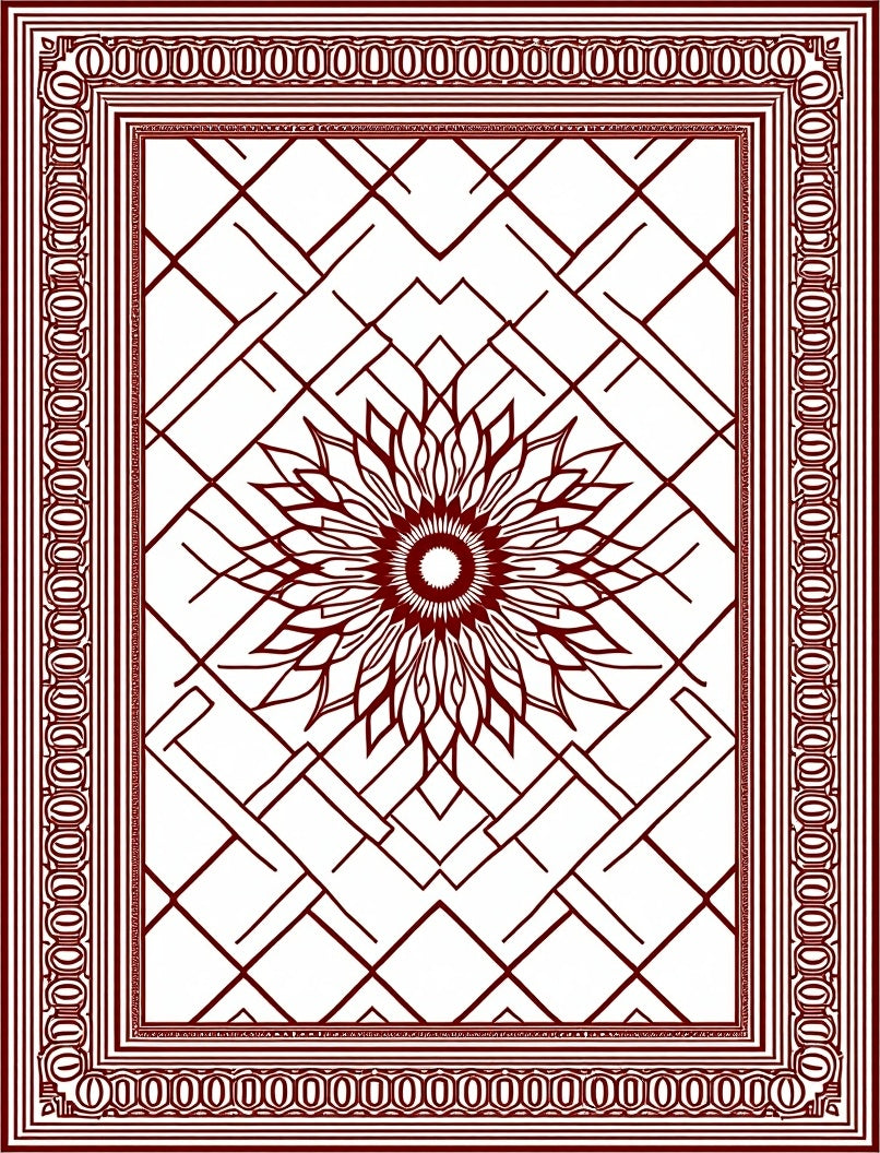 Crimson Sunburst Geometric Border Rug