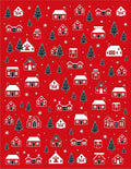 Crimson White Village Trees Snowflakes Rug